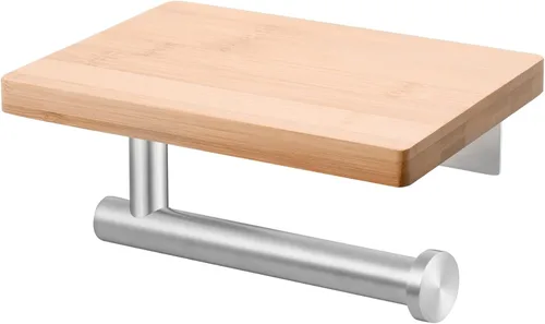 Tecmolog Soporte de rollo de papel de acero inoxidable Soporte de pared para papel higiénico con estante de almacenamiento de madera, níquel Níquel