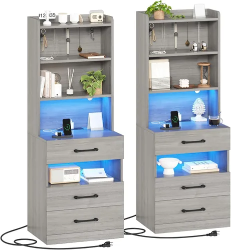 Miniatura 12 de AOGLLATI Mesita de noche alta con estación de carga y luces LED, mesita de noche con 3 cajones y estantes de almacenamiento, mesita de noche