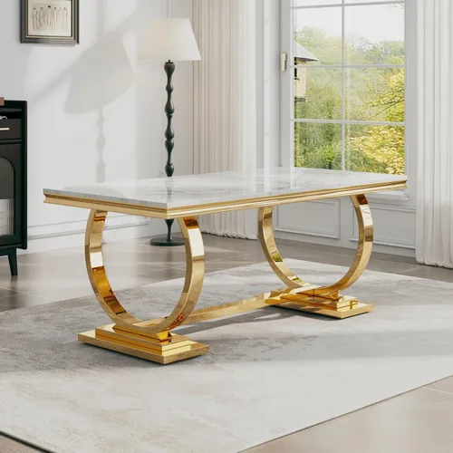 Miniatura 24 de Juego de mesa de comedor de 7 piezas, mesa de cocina de lujo de mármol sintético blanco de 70 pulgadas y 6 sillas copetudas de terciopelo beige