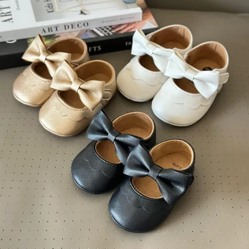 Miniatura 2 de QWZban Zapatos planos Mary Jane con Bownot antideslizante suela suave de piel sintética para recién nacidos, bebés, primeros caminantes