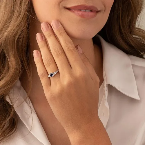 Miniatura 2 de Peora Anillo de plata de ley 925 con zafiro azul para mujer, diseño de solsticio encantador, 0.75 quilates, redondo, 0.197in, tamaños 5 a 9, Metal