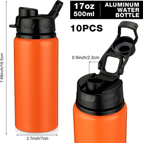 Miniatura 2 de Shellwei 10 botellas de agua de aluminio de 17 onzas reutilizables con tapas a presión, botella de agua de metal, ligera, portátil, botella de agua