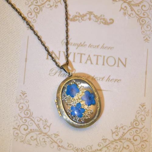 Miniatura 89 de Collar de flores silvestres prensadas con encaje de Forget-Me-Not y Queen Anne Collar de flores prensadas de oro Collares hechos a mano