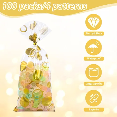 Miniatura 3 de COQOFA 100 bolsas de regalo de celofán de 5 x 11 pulgadas, color dorado, bolsas transparentes para recuerdos de fiesta, bolsas de plástico