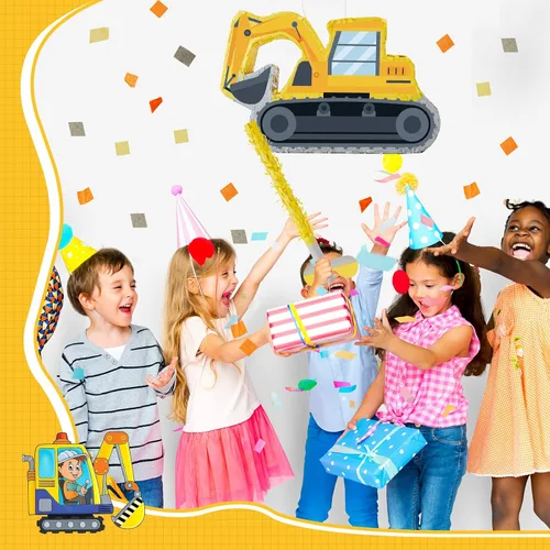 Miniatura 5 de Lewtemi Piñatas de excavadora para fiesta de cumpleaños con palo, venda para los ojos y confeti, suministros para fiesta de cumpleaños para adultos