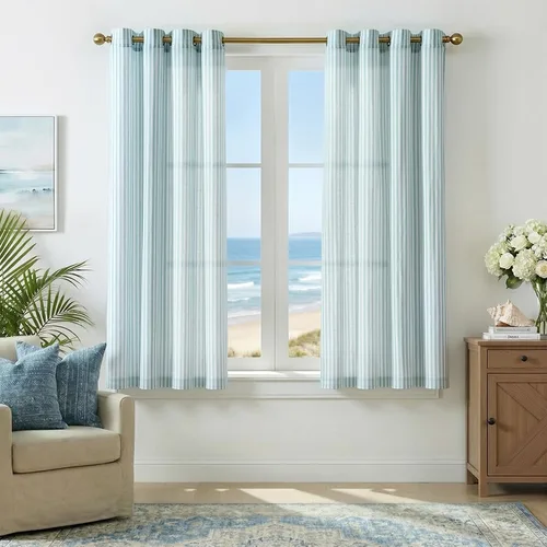 Miniatura 2 de Vangao Cortinas de lino a rayas para sala de estar, dormitorio, casa rural con estampado de rayas de tictac, cortinas impresas con ojales