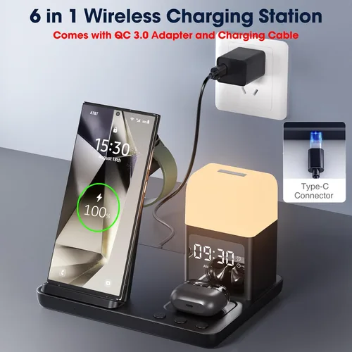 Miniatura 6 de Cargador inalámbrico para Samsung/Android, 6 en 1, estación de carga para teléfono con despertador/luz nocturna para Samsung S25/S24/S23
