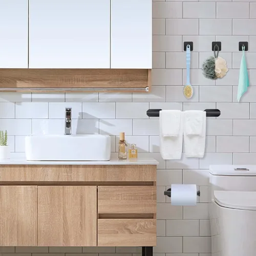 Miniatura 3 de JiGiU Toallero de 16 pulgadas, juego de accesorios de baño autoadhesivos con soporte para papel higiénico y 3 paquetes de ganchos para toallas, kit