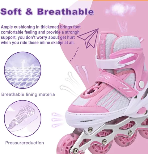 Miniatura 2 de Pink Kids Inline Skates for Girls with Full Wheels Illuminating, Adjuatable Mens and Womens Roller Skates Blades for Beginner in Outdoor and Indoor