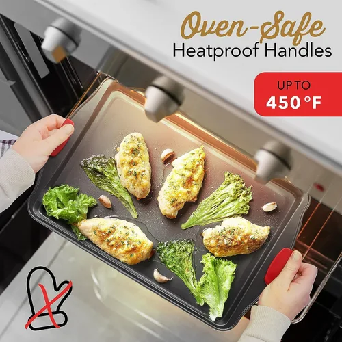 Miniatura 4 de Juego de bandejas para hornear, juego de bandejas para galletas de 2 piezas con asas de silicona, bandeja de acero para hornear, bandejas