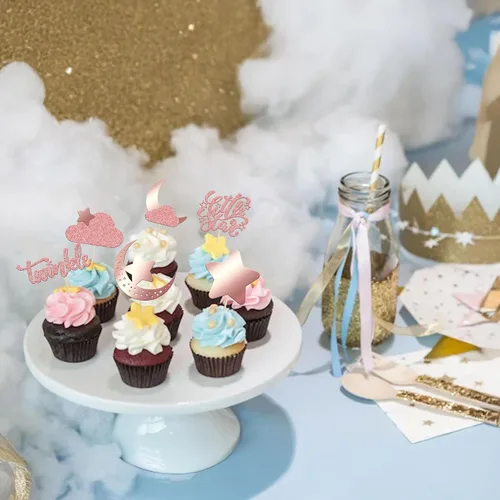 Miniatura 8 de Gyufise 24 piezas de decoración de cupcakes con purpurina de luna, nube, decoración de tartas de estrellas parpadeantes, baby shower, niños, Oro