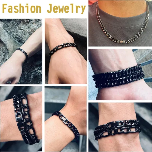 Miniatura 6 de Collar de pulsera Figaro de eslabones cubanos de 3 piezas, plata dorada y negra, resistente acero inoxidable 316L, cadena Figaro de eslabones