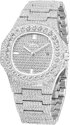 Miniatura 25 de Gosasa Reloj de pulsera unisex de cristal para hombre y mujer, reloj cubano con brillo completo, oblongo de plata/oro, reloj de pulsera de acero
