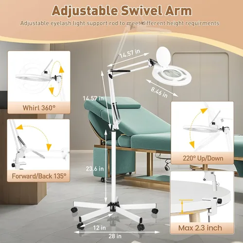 Miniatura 5 de HITTI 10X - Lupa esteticista de luz, color blanco 2200 lúmenes, regulable continuo, base rodante de 5 ruedas, lámpara Mag iluminada con LED