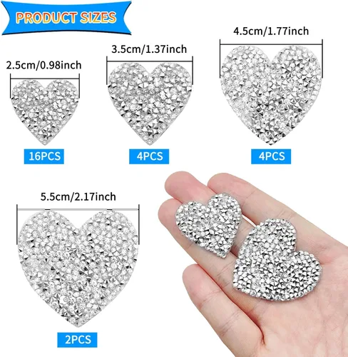 Miniatura 2 de 26 parches para planchar en forma de corazón, parches de diamantes de imitación, apliques adhesivos plateados, pegamento caliente, corazones