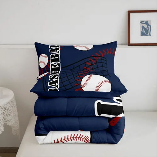 Miniatura 3 de jejeloiu Juego de edredón de béisbol para niños, tamaño individual, juego de ropa de cama de béisbol azul para niños, juego de ropa de cama