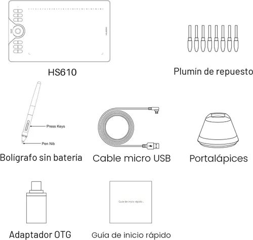 Miniatura 7 de HUION Tableta de Dibujo HS610 Tableta Gráfica con Lápiz Óptico Sin Batería 8192 Presión del Lápiz Función de Inclinación, 10x6.25 Pulgadas Arte