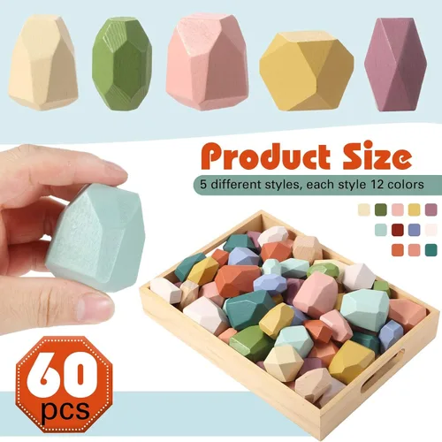 Miniatura 2 de Jenaai 60 piezas de rocas apilables Montessori coloridas piedras de equilibrio de madera para cesta de Pascua, bloques educativos de aprendizaje