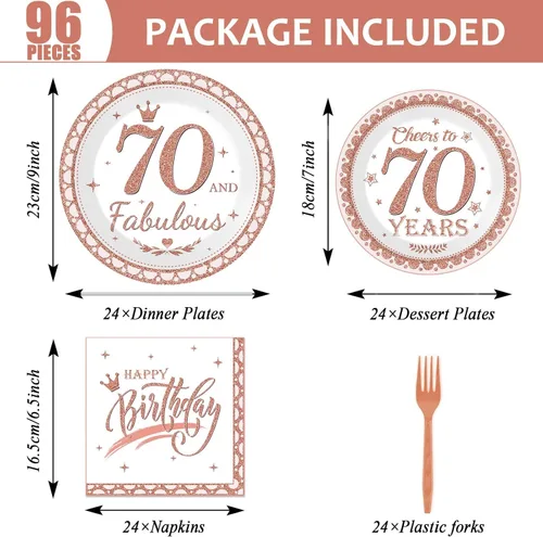 Miniatura 2 de Decoraciones de cumpleaños 70 para mujer, platos y servilletas de feliz cumpleaños 70, suministros de fiesta de oro rosa, vajilla de 70 y fabulosa