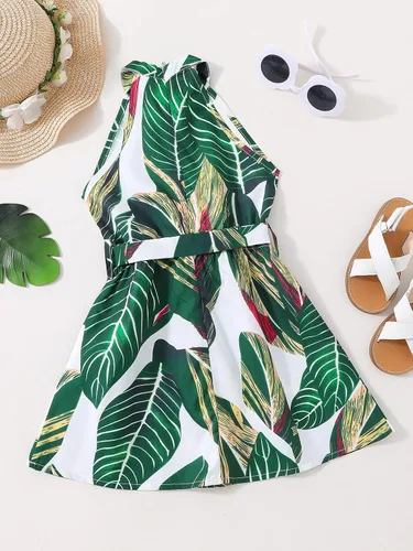 Miniatura 2 de SHENHE Vestidos cortos de corte A para niña con estampado tropical, halter sin mangas, lazo en la cintura