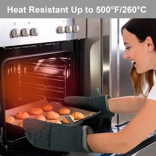 Miniatura 6 de KEGOUU Juego de 6 manoplas para horno y soportes para ollas, guantes para horno de cocina, resistentes al calor, 500 grados, extra largos, Verde