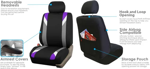 Miniatura 3 de FH Group - Fundas de tela para asientos delanteros bajos de auto con reposacabezas extraíble, ajuste universal, compatible con bolsa de aire