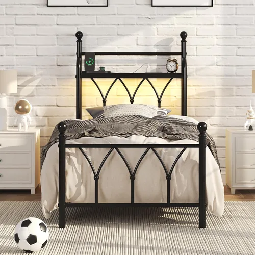Miniatura 7 de E-Ser Marco de cama de plataforma de metal tamaño twin con cabecera de almacenamiento, marco de cama con luz LED, estación de carga integrada