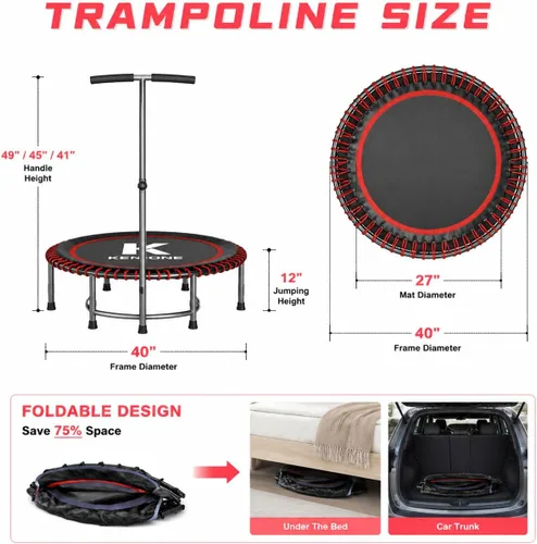 Miniatura 6 de K KENSONE Trampolín rebotador de bajo impacto de 40/48 pulgadas para adultos con bungee, 450/550 libras, mini trampolín de ejercicio silencioso