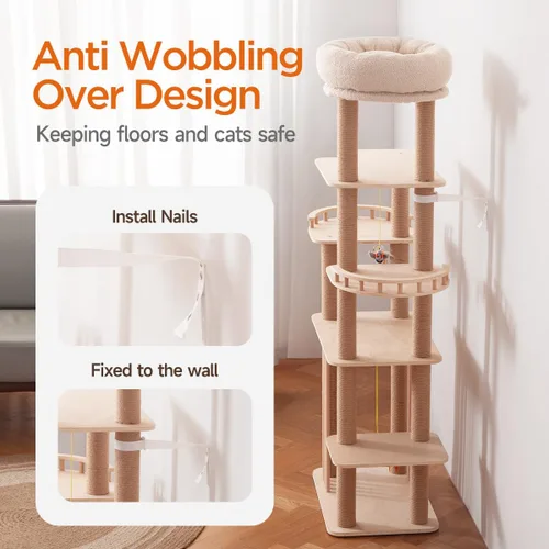 Miniatura 5 de Árbol grande para gatos de 68 pulgadas, torre para gatos de varios niveles de madera maciza con postes rascadores, juguetes divertidos y plataforma