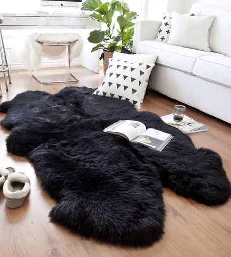 Miniatura 2 de HUAHOO Alfombra Premium de Piel de Oveja Negra, Real, de Australia, Natural, de Lujo, de Lana de Cordero Esponjosa, para Área, Fundas de Asiento