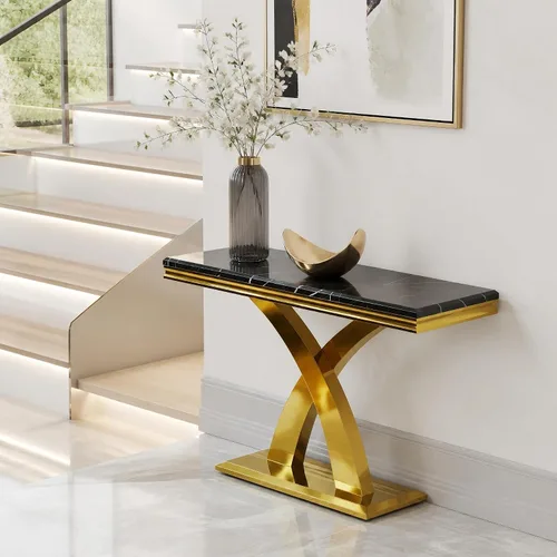 Miniatura 8 de AUZ Mesa consola dorada, mesa rectangular de 50 pulgadas, mesa de entrada de lujo con base en X de metal pulido para sala de estar, pasillo, Negro