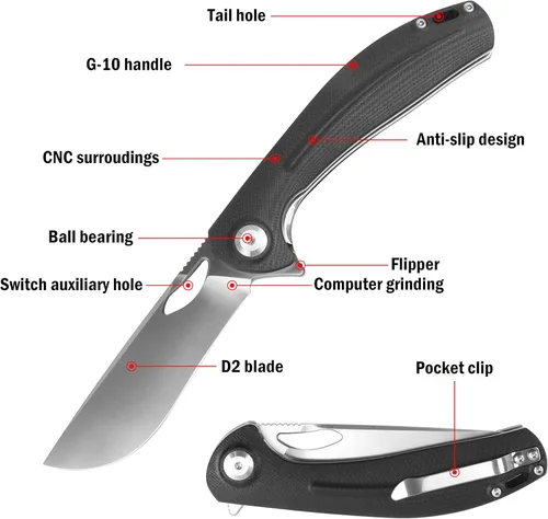 Miniatura 2 de RPG Mini cuchillo de bolsillo plegable, cuchillo de supervivencia de hoja de acero D2 de 3.5 pulgadas con mango G10 y clip de bolsillo, cuchillo EDC