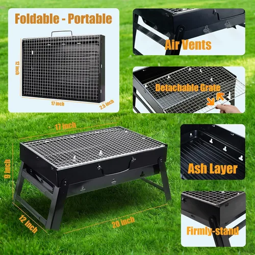 Miniatura 2 de Parrilla de carbón portátil para camping, pequeña parrilla de barbacoa de mesa para viaje de pícnic, juego de parrilla plegable y ligera, incluye