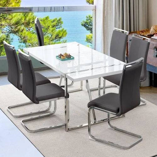 Miniatura 32 de Mesa de comedor Ebullient para 4, mesa de comedor rectangular negra de MDF, tapa de mesa de cena de mármol falso, mesa de comedor moderna con marco