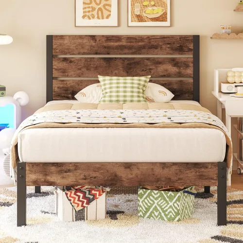 Miniatura 11 de Fluest Base de cama Queen con cabecero y estribo, con almacenamiento debajo de la cama, sistema de soporte totalmente metálico, no necesita somier