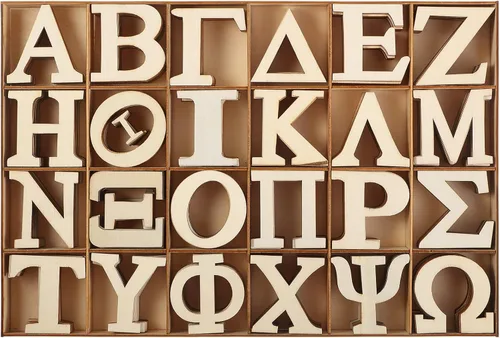 Miniatura 8 de 240 letras griegas de madera sin terminar de 1 pulgada con bandeja de almacenamiento, letras pequeñas del alfabeto de madera en negrita