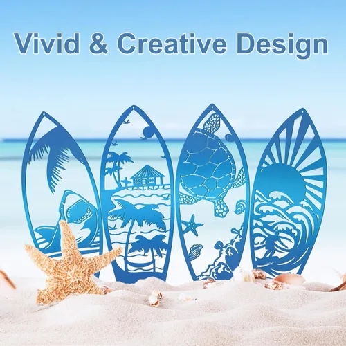 Miniatura 3 de 4 piezas de tabla de surf de metal para decoración de pared, tabla de surf de verano, letreros de playa, tiburón, palmera, arte de pared, decoración