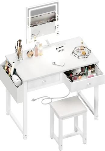 Lufeiya Mesa de Tocador Pequeña para Maquillaje con Cajones de Tela, Mesa de Tocador Blanca de 32 Pulgadas con Espejo y Luz, Juego de Mesa de