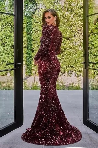 Miniatura 2 de Miao Duo Vestido de fiesta de sirena de manga larga para mujer con tren elástico brillante lentejuelas vestidos de noche formales YZTS090