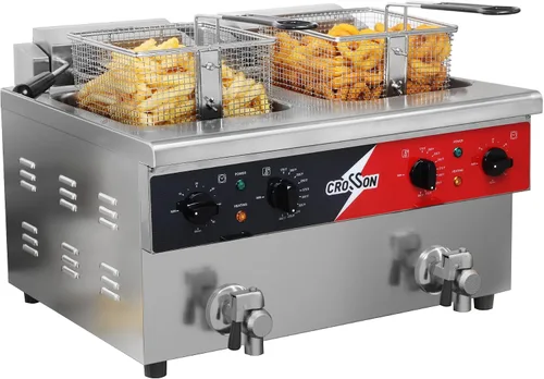 CROSSON Freidora eléctrica de mostrador de doble tanque de 16L con "Swing-up and Hold", válvula de drenaje, tanque de aceite de formación por