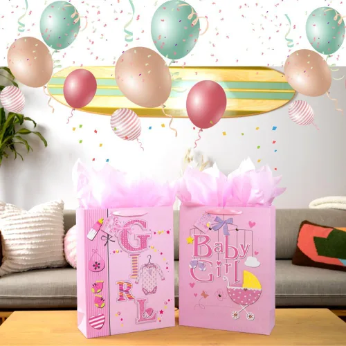 Miniatura 6 de Golden J Store Bolsas de regalo extra grandes de 16.5 pulgadas con papel de seda para baby showers, paquete de 2 (rosa)