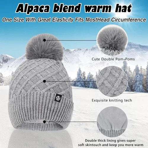 Miniatura 4 de Gorros de invierno para mujer, bufanda, guantes para pantalla táctil, juego cálido con patrón de cuadrícula, gorro holgado de punto con forro polar