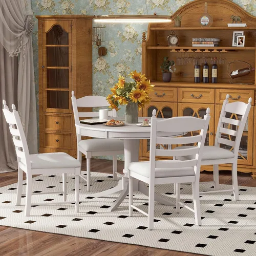 Miniatura 13 de Farmhouse - Juego de mesa de comedor de 5 piezas, mesa de comedor redonda extensible con 4 cómodas sillas tapizadas, juego de muebles funcionales
