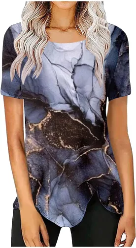 KINGOLDON Camisas de manga corta para mujer, camisetas de verano con estampado de moda, blusas sueltas de manga corta con cuello redondo y abertura