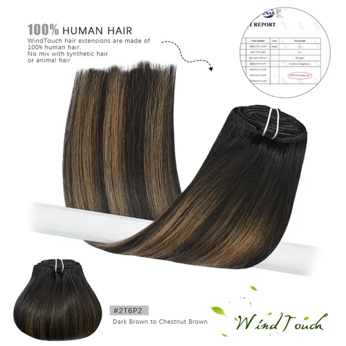 Miniatura 5 de WindTouch Extensiones de cabello humano con pinzas, balayage, color marrón oscuro a castaño con reflejos, para cabello castaño, 12 pulgadas, 2.47