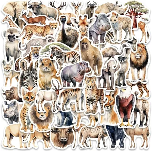 Calcomanías geniales de animales salvajes para álbum de recortes, 50 calcomanías de vinilo impermeables de animales africanos para botellas de agua,
