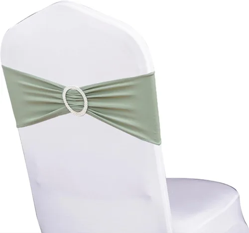 Miniatura 14 de Paquete de 50 bandas elásticas para sillas de bebé azul para boda, bandas elásticas de licra con hebilla deslizante, arcos de sillas de spandex