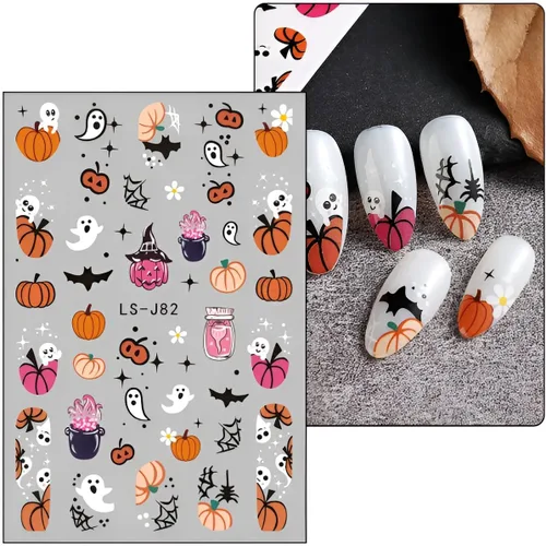 Miniatura 2 de 6 hojas de calcomanías de arte de uñas de Halloween, lindas calcomanías de fantasma, 3D, autoadhesivas, telaraña, murciélago, calabaza, decoración