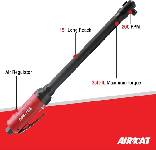 Miniatura 2 de AIRCAT Herramientas neumáticas 808-15-A: Trinquete de largo alcance de 15.3 pulgadas, 200 RPM, 35 ft-lbs Par máximo - 3/8 pulgadas