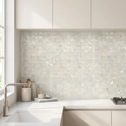 Miniatura 3 de 1 - Hoja de Azulejos de Conchas de Perla para Despegar y Pegar, Azulejos Autoadhesivos para Pared para Cocina, Baño, Dormitorio en Blanco Natural